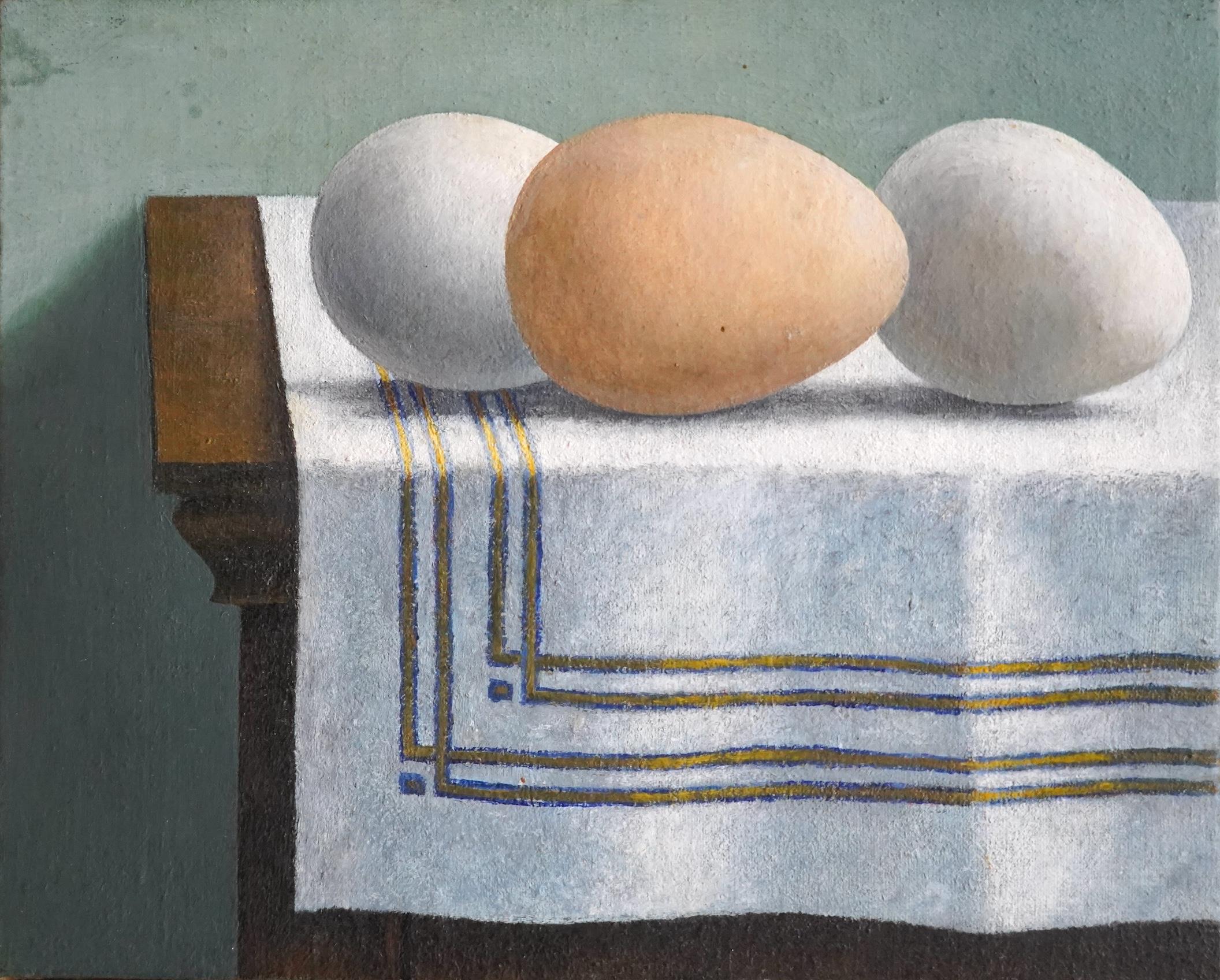 Gordon Meeton (contemporary), oil on canvas, laid on board, Still life of eggs, 15 x 19cm
